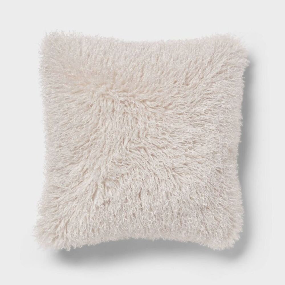 Euro Faux Mongolian Fur Square Decorative Throw Pillow - Light Gray/Black